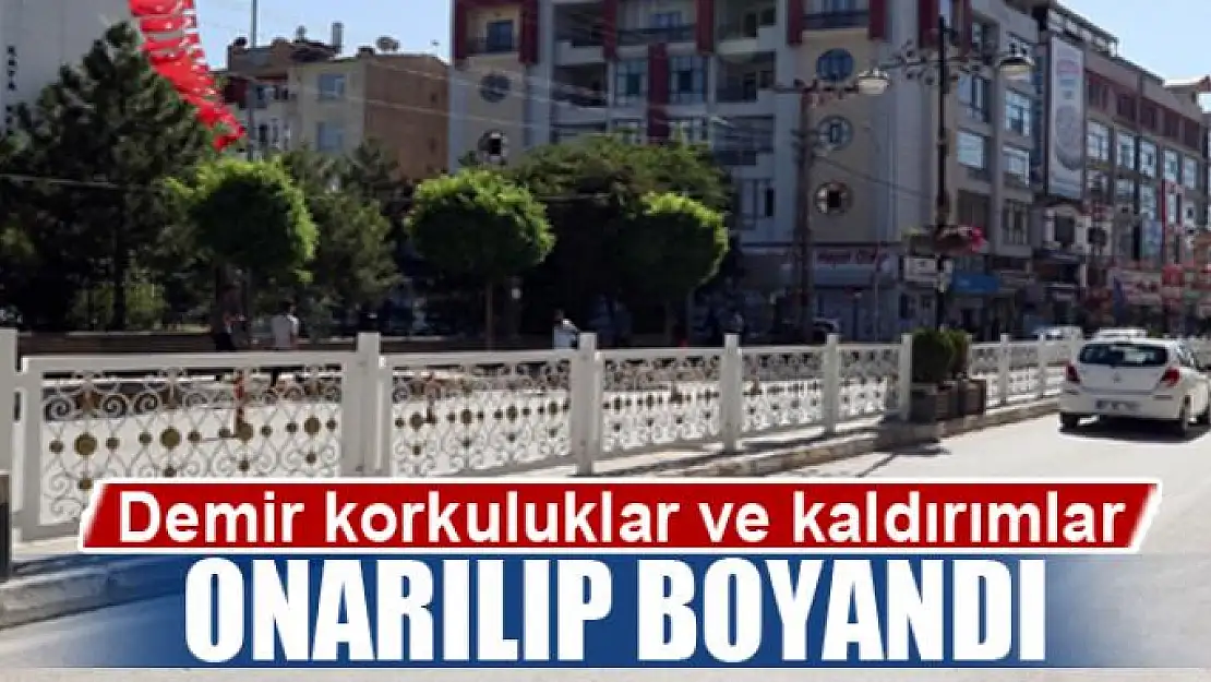 Caddelerde bulunan demir korkuluklar ve kaldırımlar boyandı