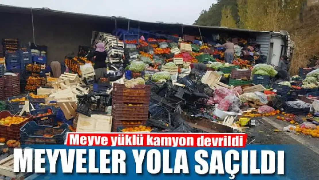 Meyve yüklü kamyon devrildi meyveler yola saçıldı 