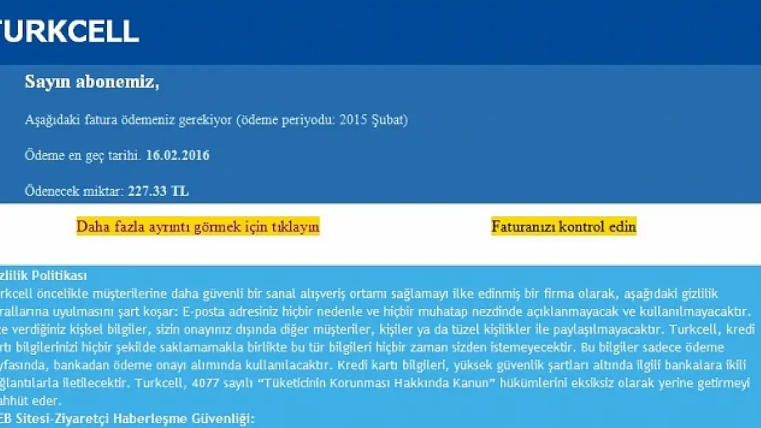 Telefon Faturası Görünümündeki Virüse Dikkat