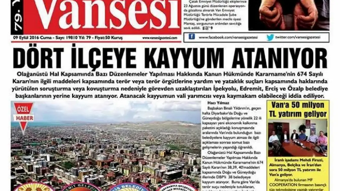  İpekyolu,Edremit,Erciş,Özlap Belediyelerine Kayyum Atandı