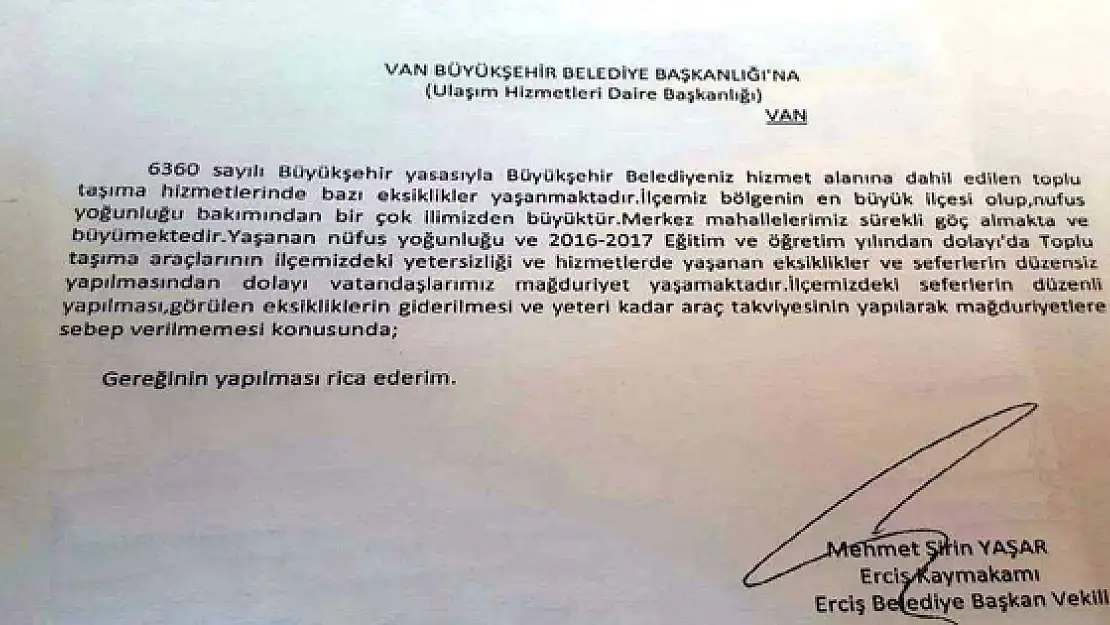 Erciş'teki ulaşım sorunu Büyükşehir Belediyesine iletildi