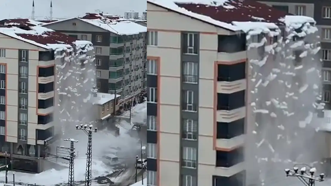 Çatıda biriken karlar şelale gibi caddeye aktı