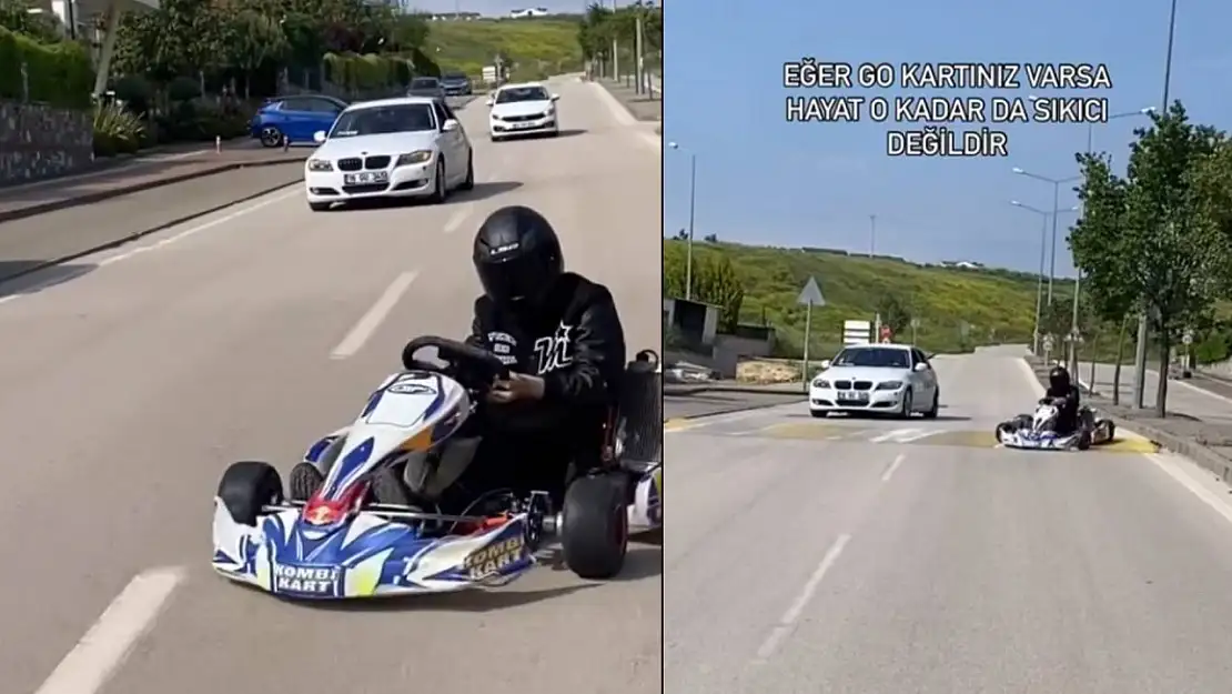 Go kart sürücüsü pisti şaşırdı, trafiğe çıkıp drift attı