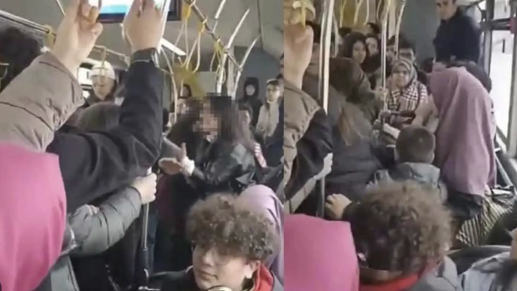 Otobüste 2 kadının saç baş birbirine girdiği kavga kamerada