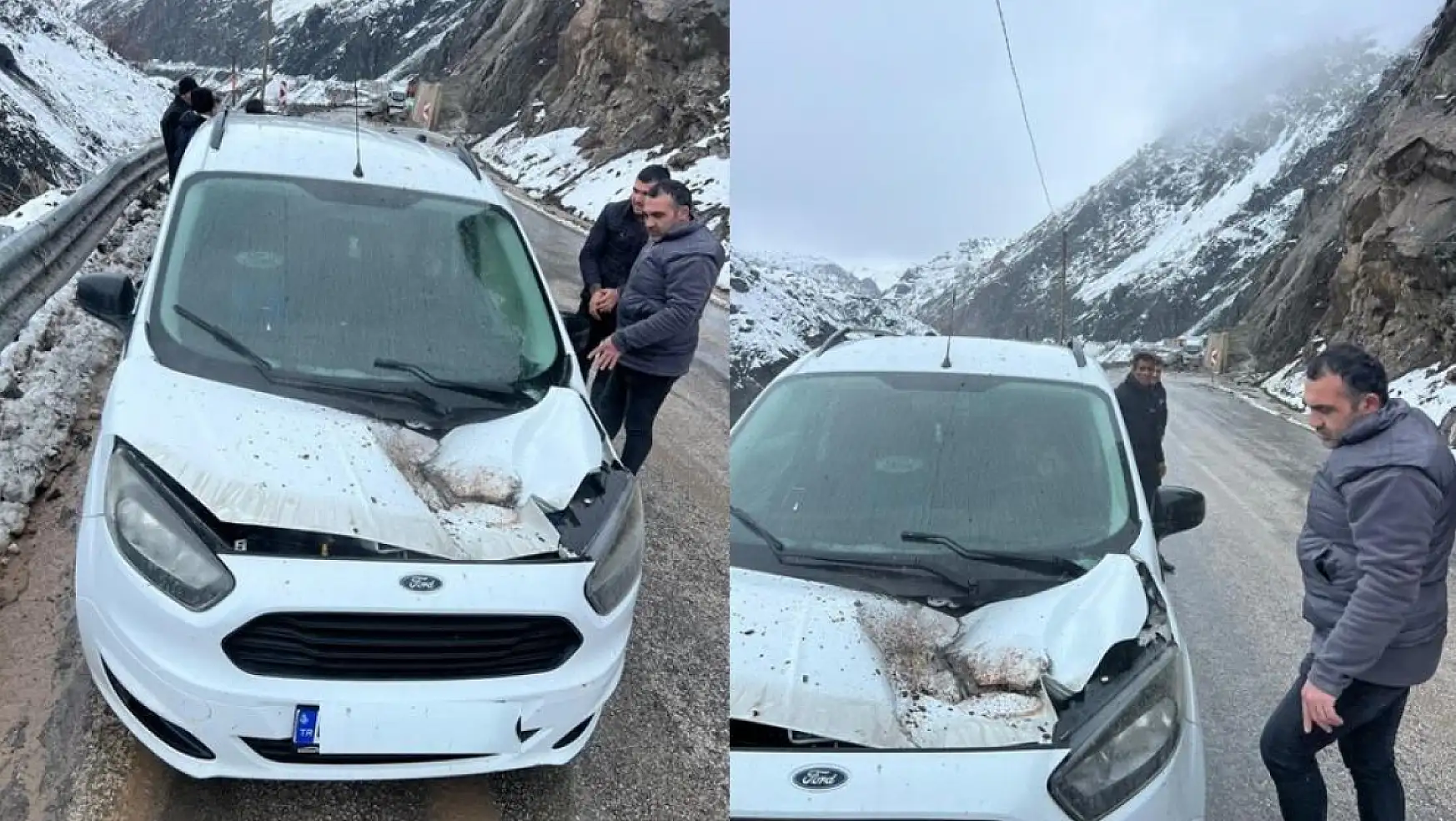 Yüksekova'dan Van'a gelen aracın üzerine kaya düştü