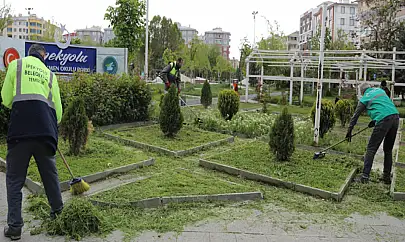 Öğretmen Okulu Parkı'nda çim budama çalışması