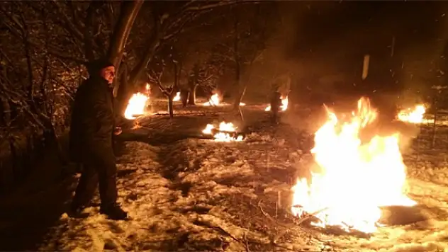 Ceviz Ağaçları Donmaması İçin Bahçede Ateş Yaktılar