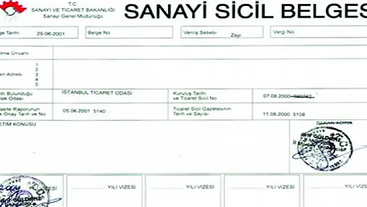 Sanayi Sicil Belgesi Uyarısı
