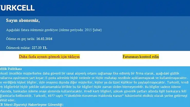Telefon Faturası Görünümündeki Virüse Dikkat