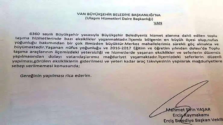Erciş'teki ulaşım sorunu Büyükşehir Belediyesine iletildi