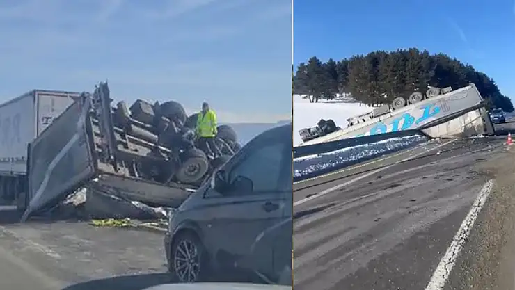 Tır devrildi, yol ulaşıma kapandı