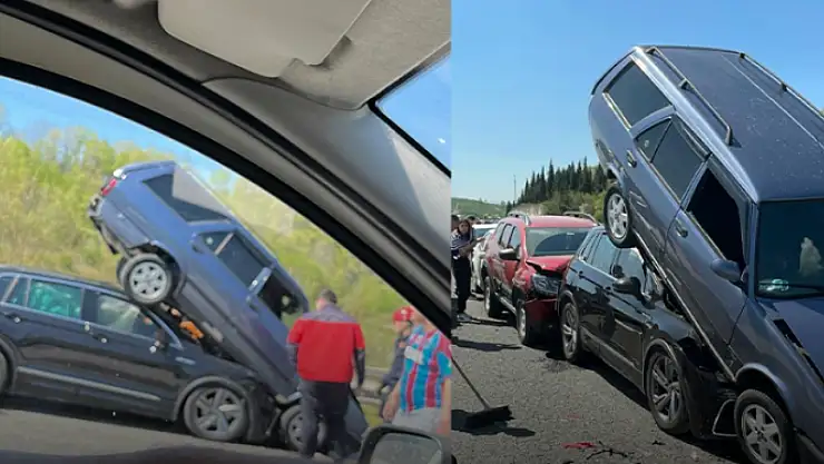 Zincirleme kazada ilginç görüntü: Araçlar üst üste çıktı