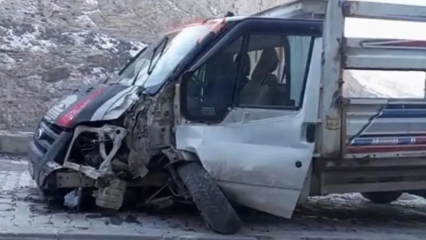 Hakkari-Van kara yolunda kontrolden çıkan kamyonet direğe çarptı