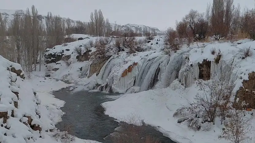 Muradiye Şelalesi eksi 12 derecede buz tuttu