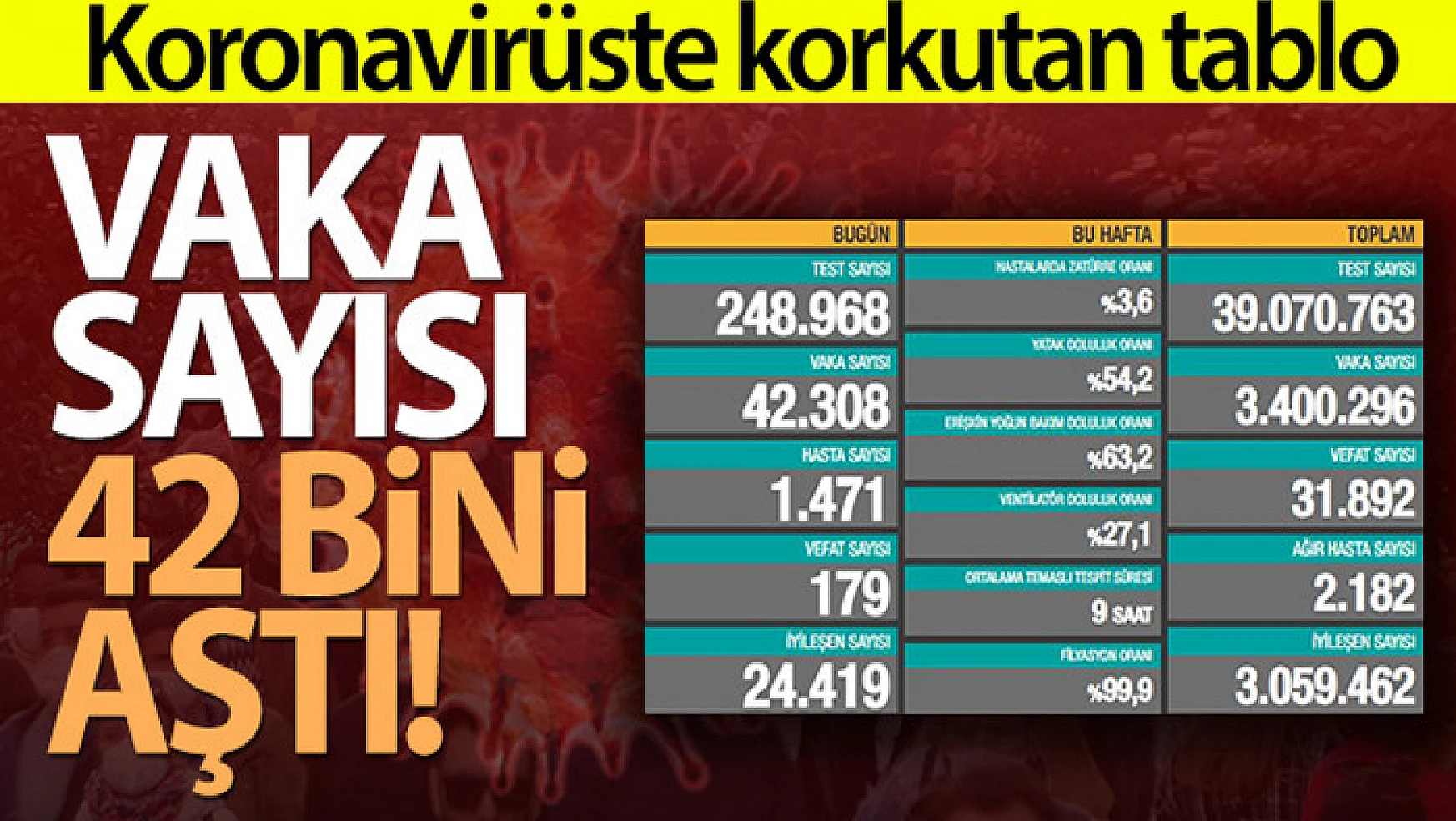 Türkiye'de son 24 saatte 42.308 koronavirüs vakası tespit edildi
