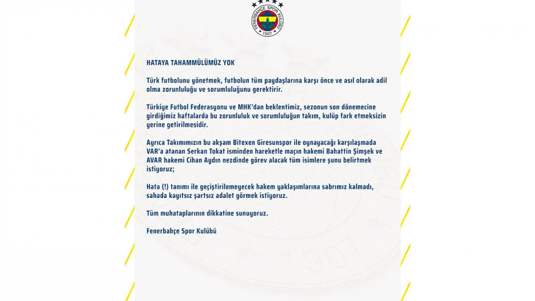 Fenerbahçe: 'Hataya tahammülümüz yok'